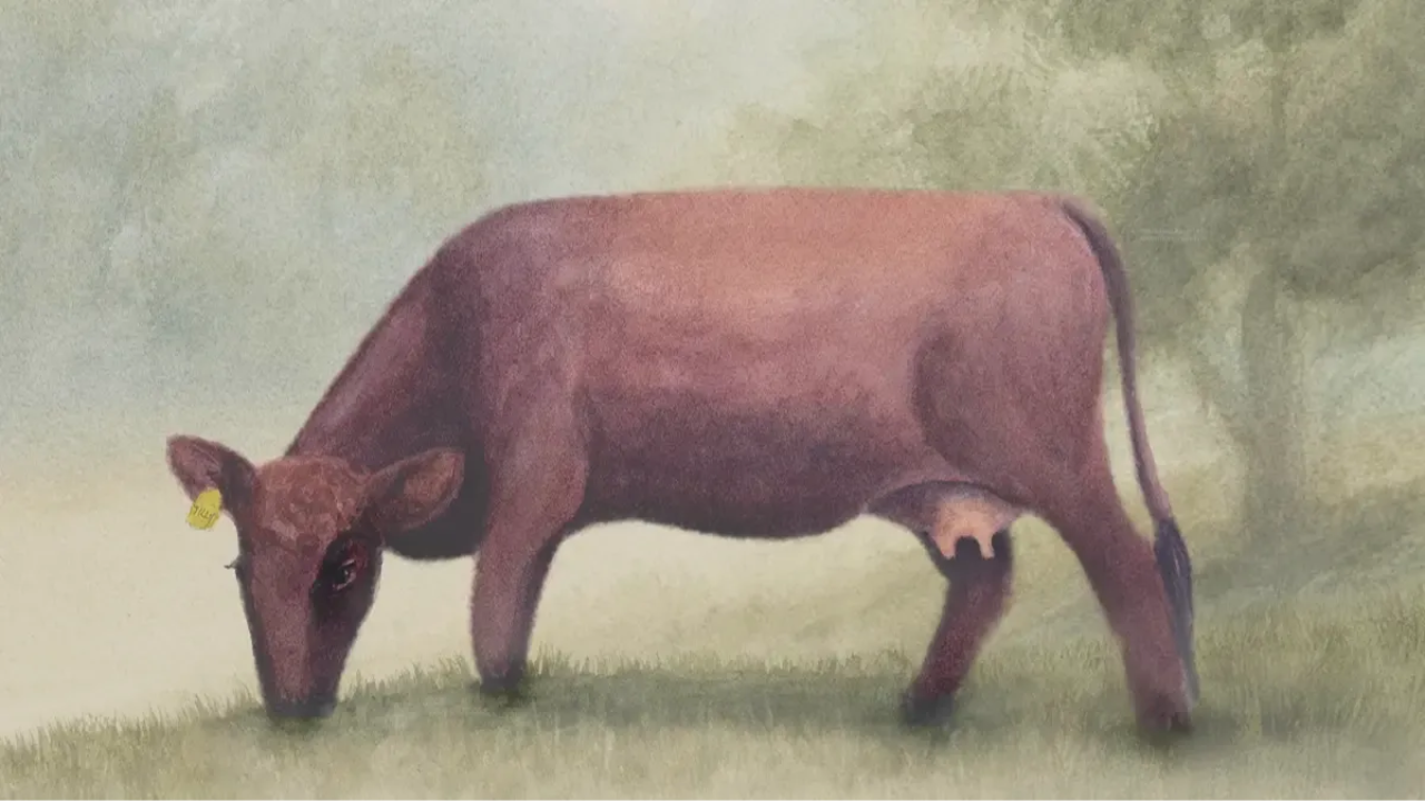 A peaceful Dexter cow grazing in soft morning light beneath a leafy tree — artwork symbolizing the calm beginnings of life in the meadow.