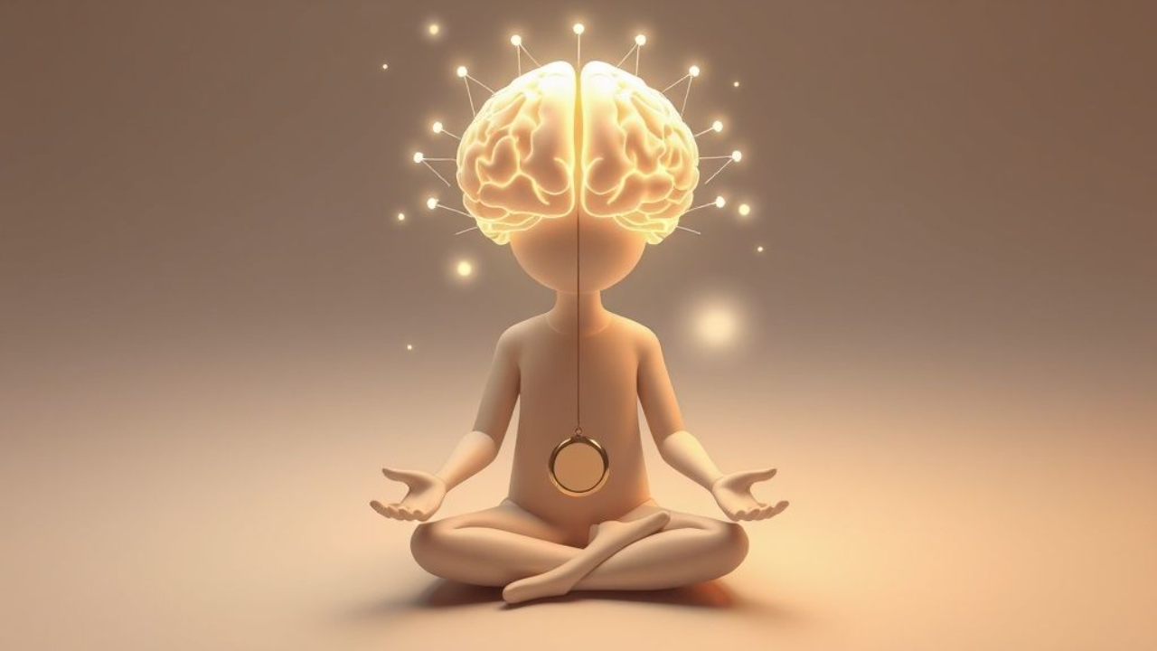 Représentation symbolique de la convention mentale en radiesthésie, créant un pont entre l'esprit conscient et l'inconscient pour interpréter les mouvements du pendule.