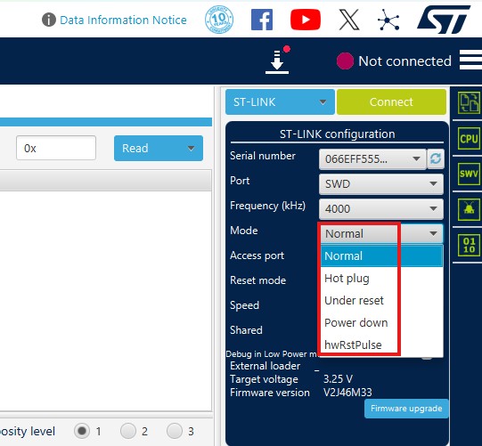 stm32cubeprogrammer connection modes