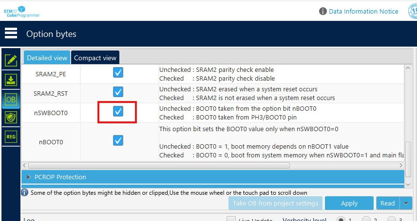 stm32cubeprogrammer option bytes