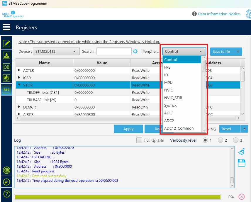 stm32cubeprogrammer reading registers