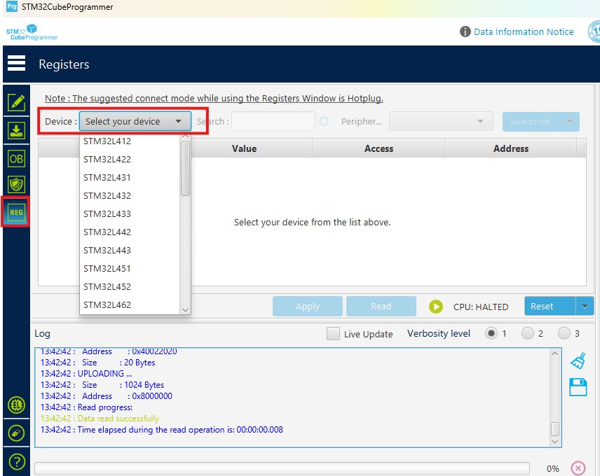 stm32cubeprogrammer reading registers