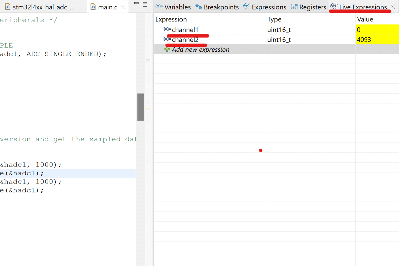 STM32 ADC Live Expressions