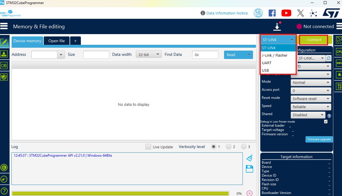 stm32cubeprogrammer main page