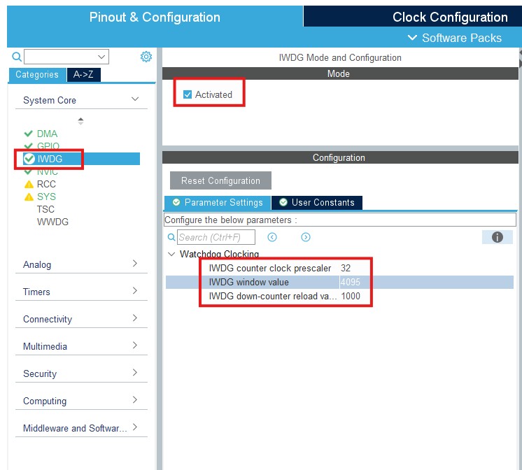 stm32 independent watchdog cubemx configuration