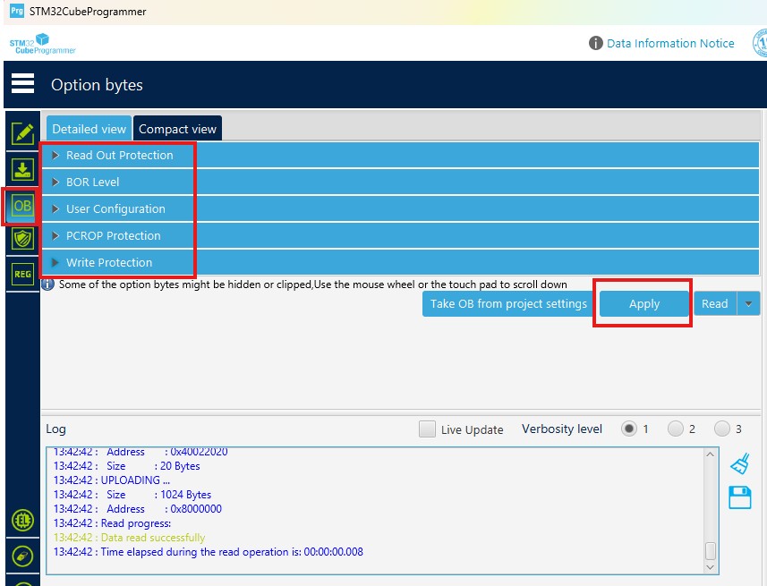 stm32cubeprogrammer option bytes