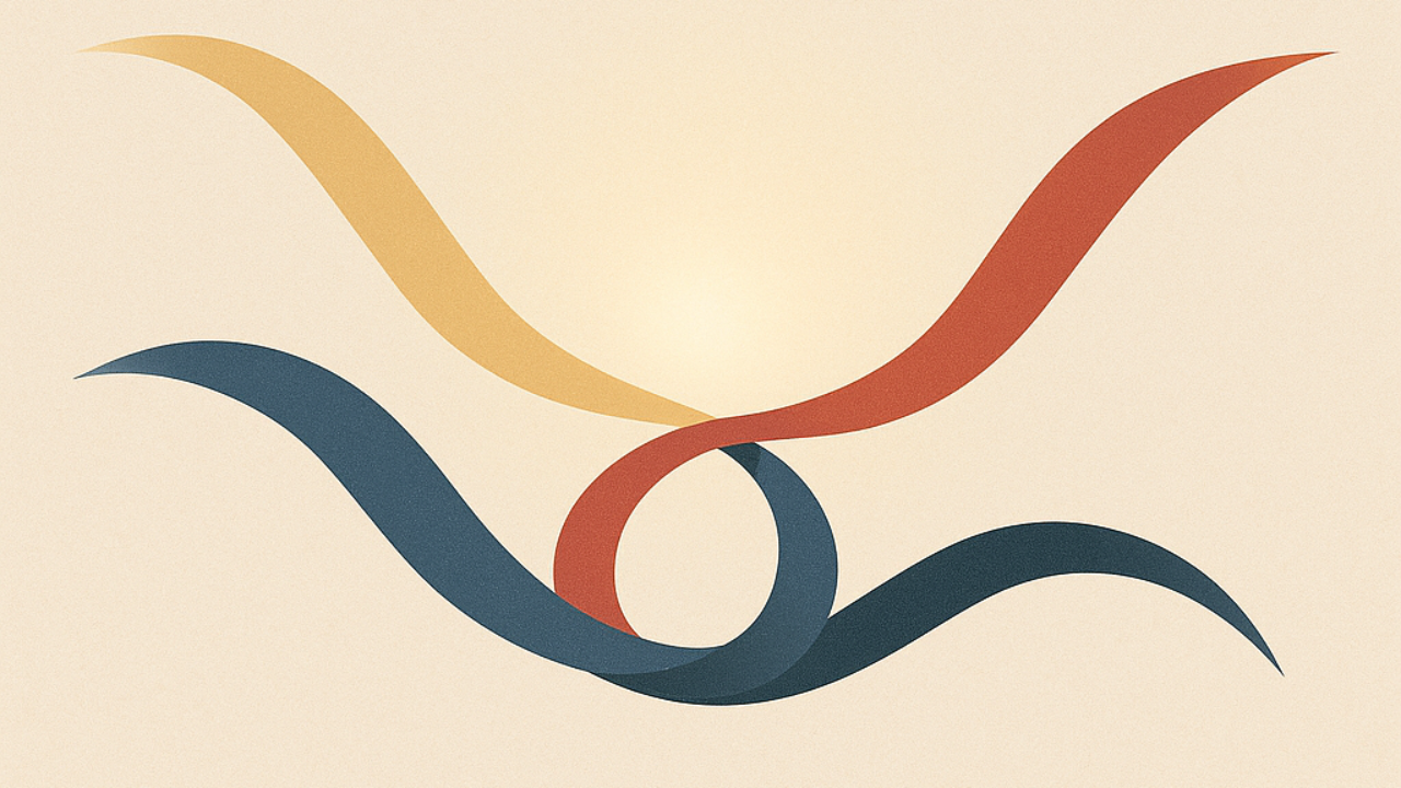 Abstract image of three flowing streams of light (Sattva, Rajas, Tamas) intertwining into a single, harmonious center, illustrating the balance of energy and mood