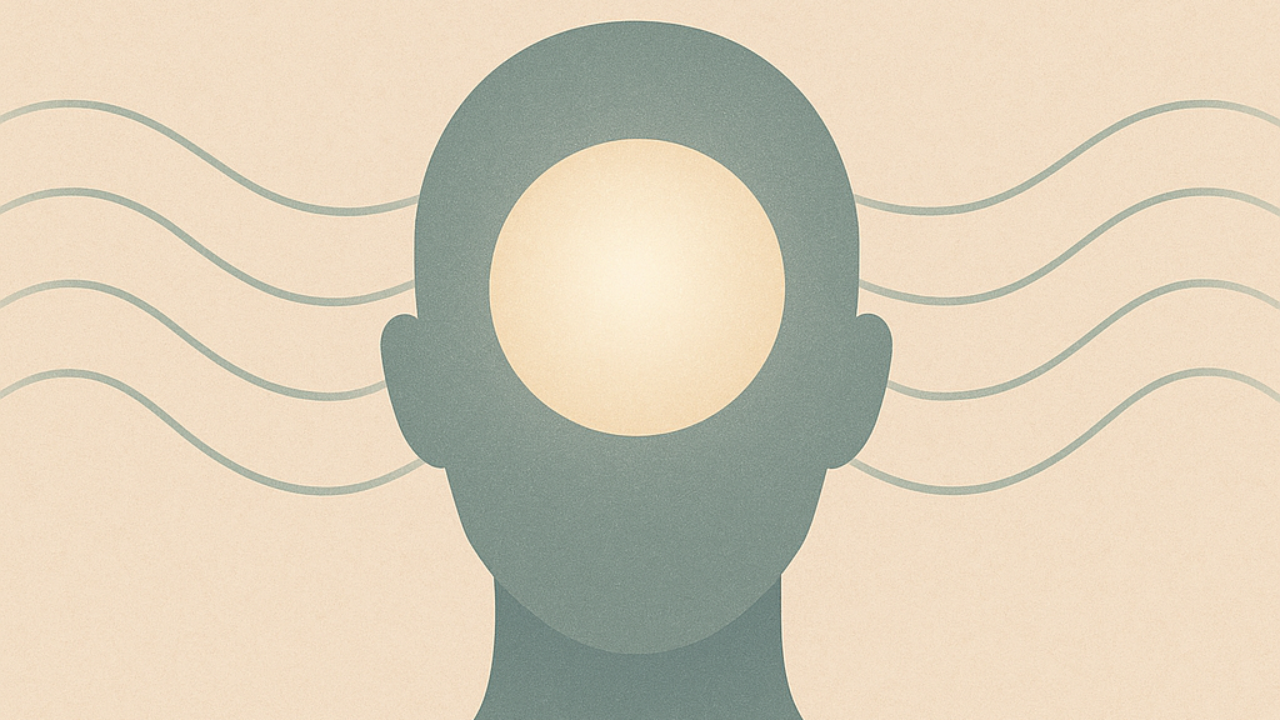 Conceptual image showing a polished mirror surface as the mind, with mist (ignorance/fog) clearing away to reveal a soft, inherent light (the Self).