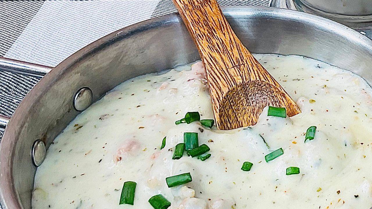 Pork sausage white gravy made with evaporated milk and a blonde roux.
