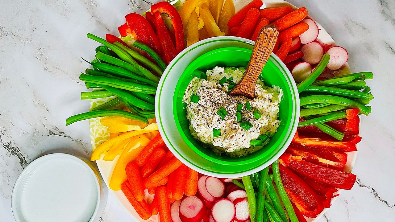 French onion dip made with red wine caramelized onions.