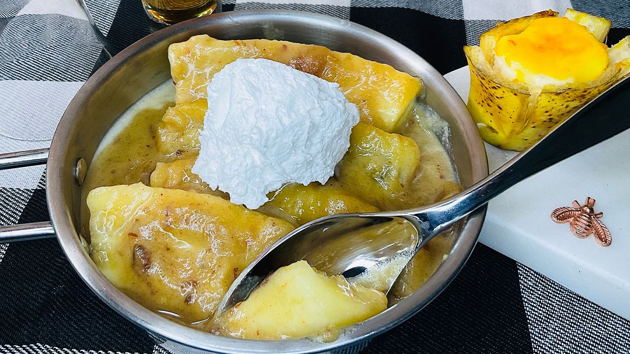 Sugar-free bananas foster with caramel sauce and fresh whipped cream.