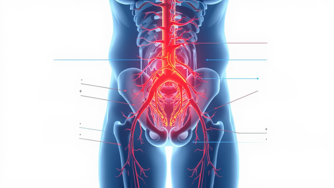 Diagram showing male circulation system with highlighted blood flow pathways connected to natural erectile function.