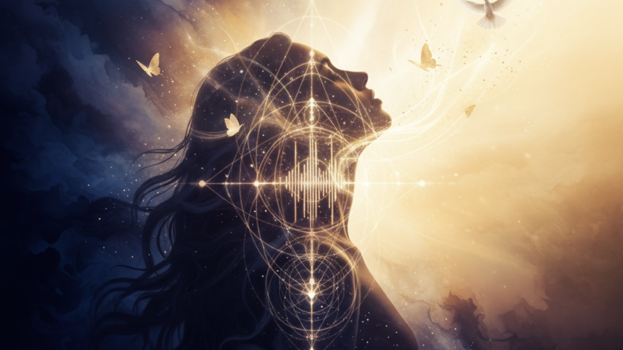 "Spiritual image of a woman's silhouette emerging from shadow into golden light, with sacred energy radiating from her throat, symbolizing the journey of reclaiming one's voice and healing from trauma"