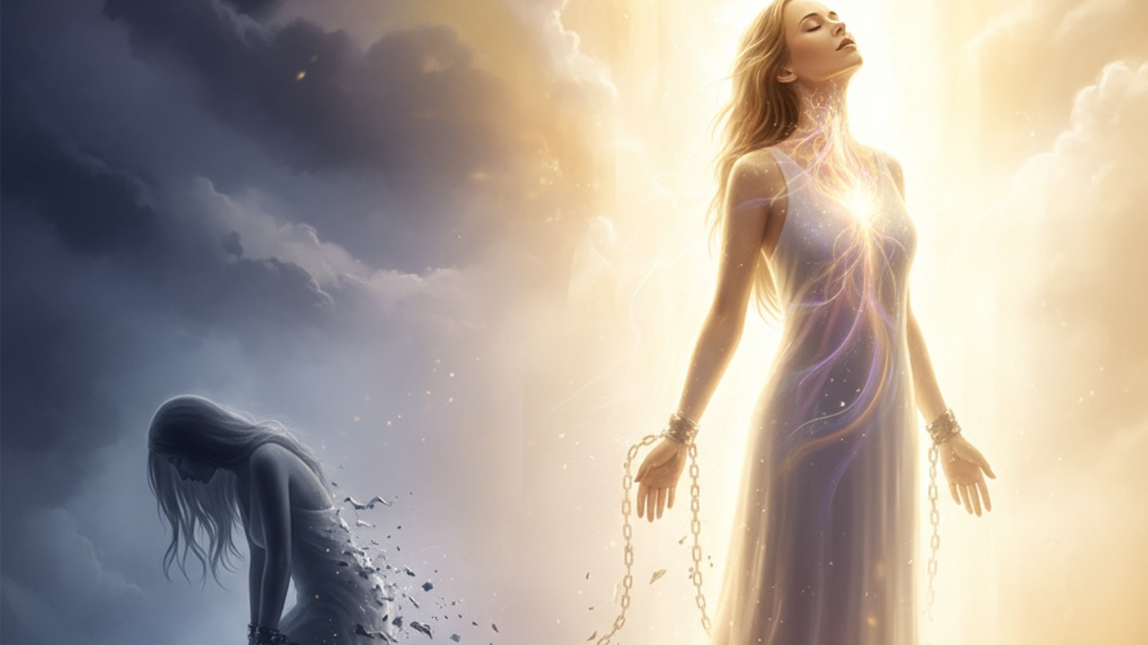 Emotional abuse recovery - woman reclaiming sacred voice breaking free from silence into healing light