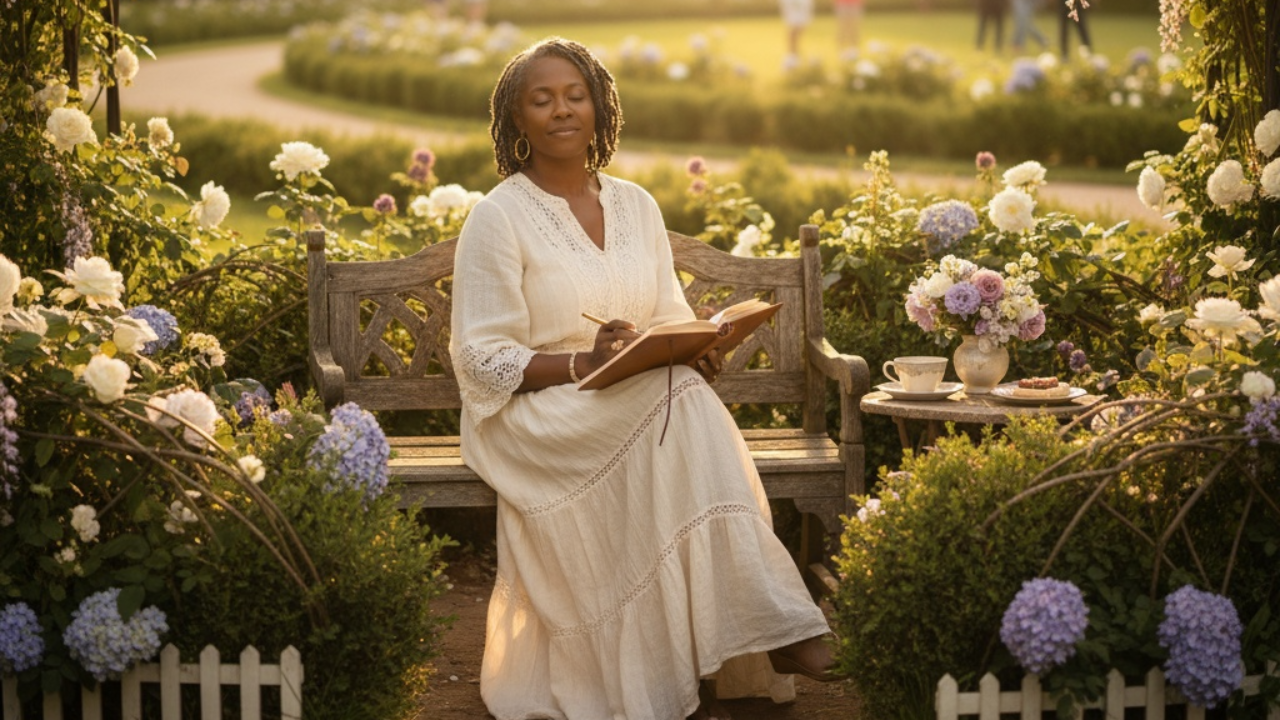 Healthy boundaries create peace - woman in garden sanctuary with beautiful boundary fence for self-care and rest