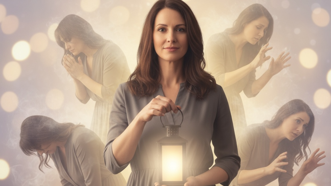 Confident woman standing in golden light holding glowing lantern at heart representing her sacred voice, surrounded by fading translucent echoes of her people-pleasing past