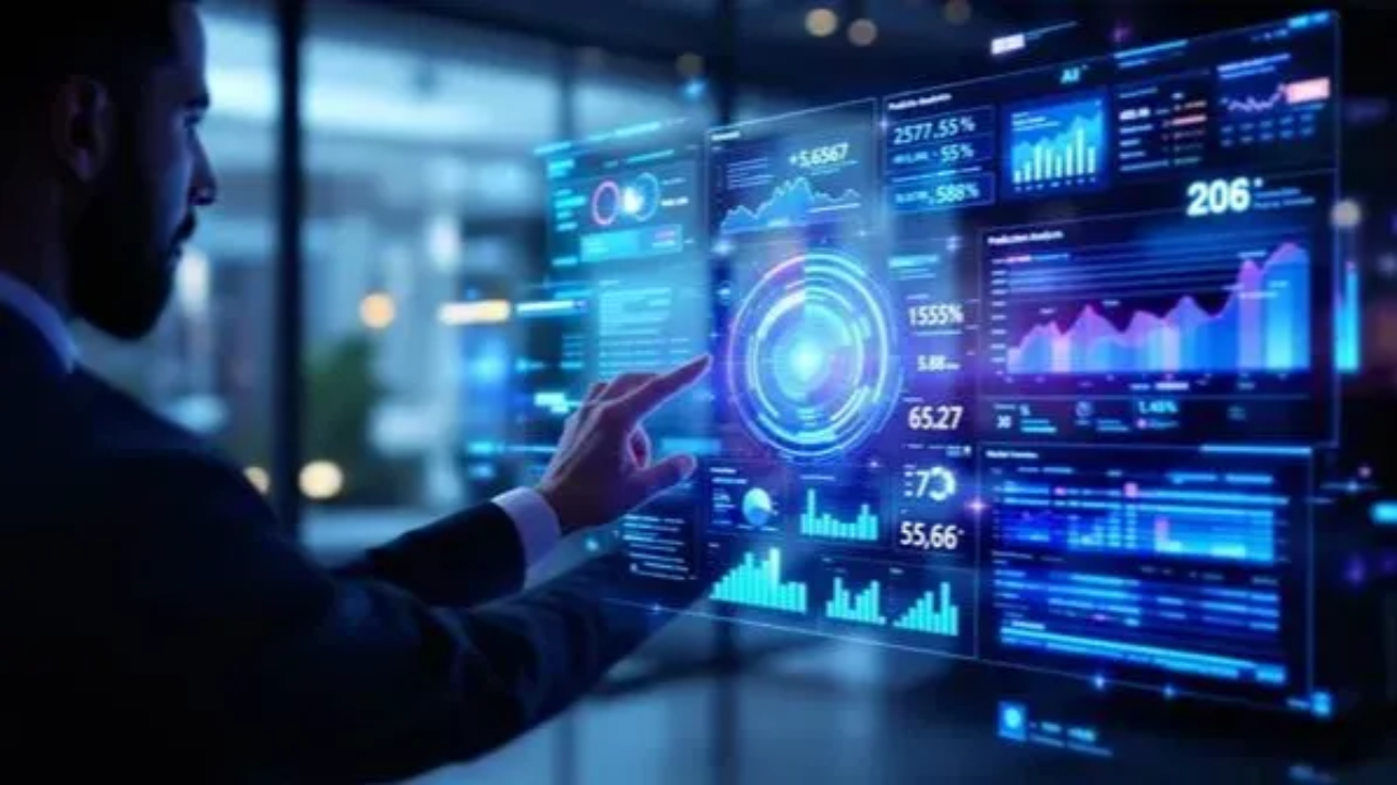 Professional executive analyzing holographic AI-powered predictive analytics dashboard with glowing data visualizations and market forecasts
