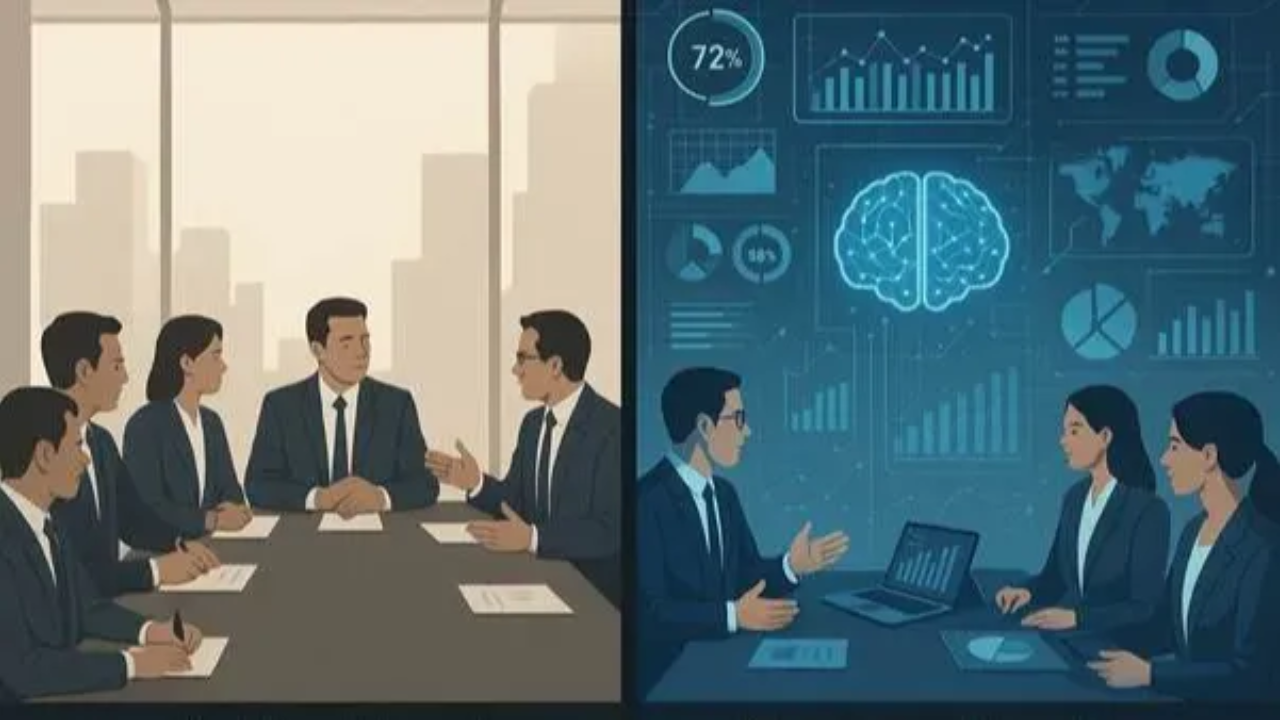 The transformation from traditional boardroom meetings to AI-enhanced decision-making environments