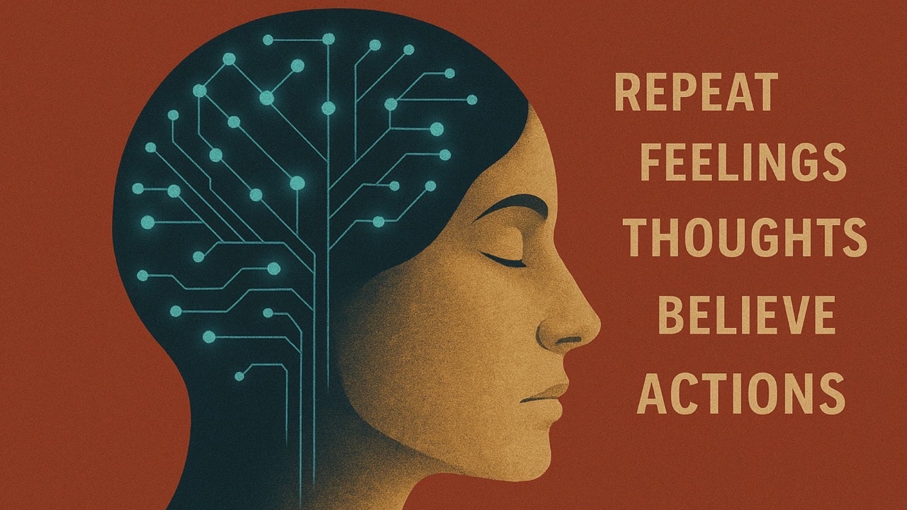 Side profile of a woman's head with a glowing neural network on the left side, symbolising brain rewiring. On the right, words like REPEAT, FEELINGS, THOUGHTS, BELIEVE, and ACTIONS appear on a solid rust-red background, representing how thoughts shape identity.