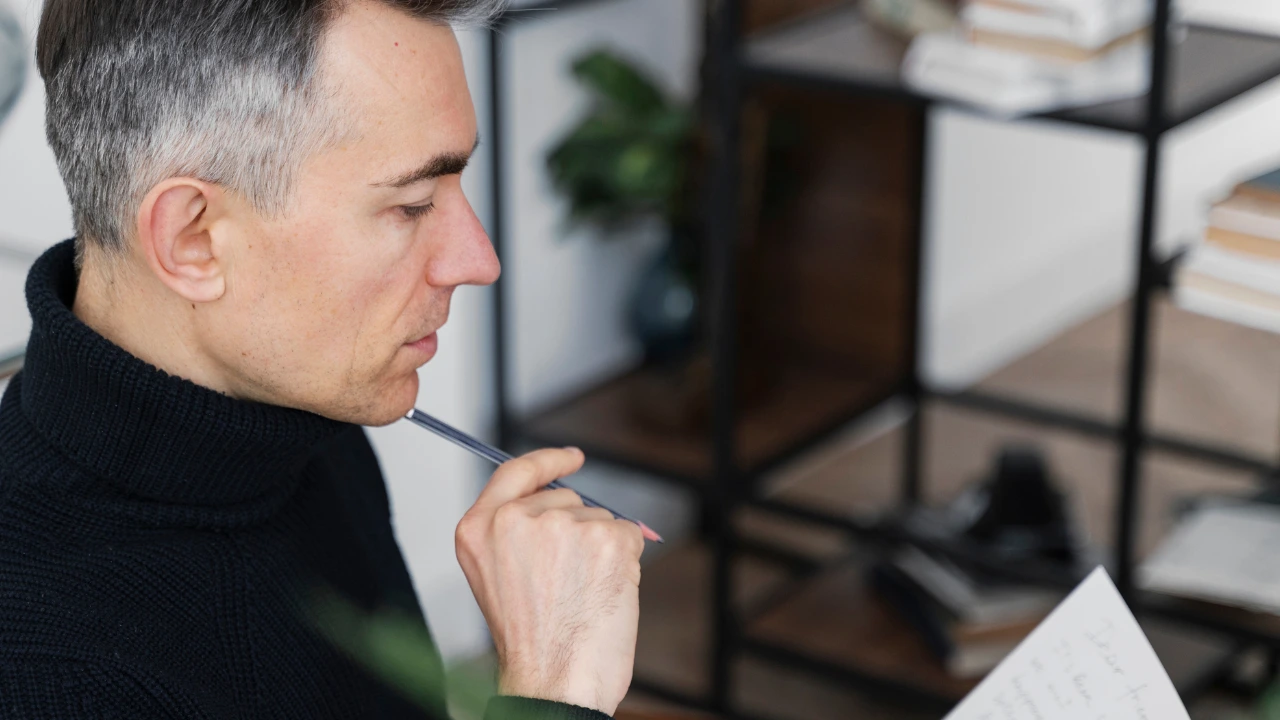 “Leader reflecting before a meeting, representing self-reflection and emotional intelligence.”