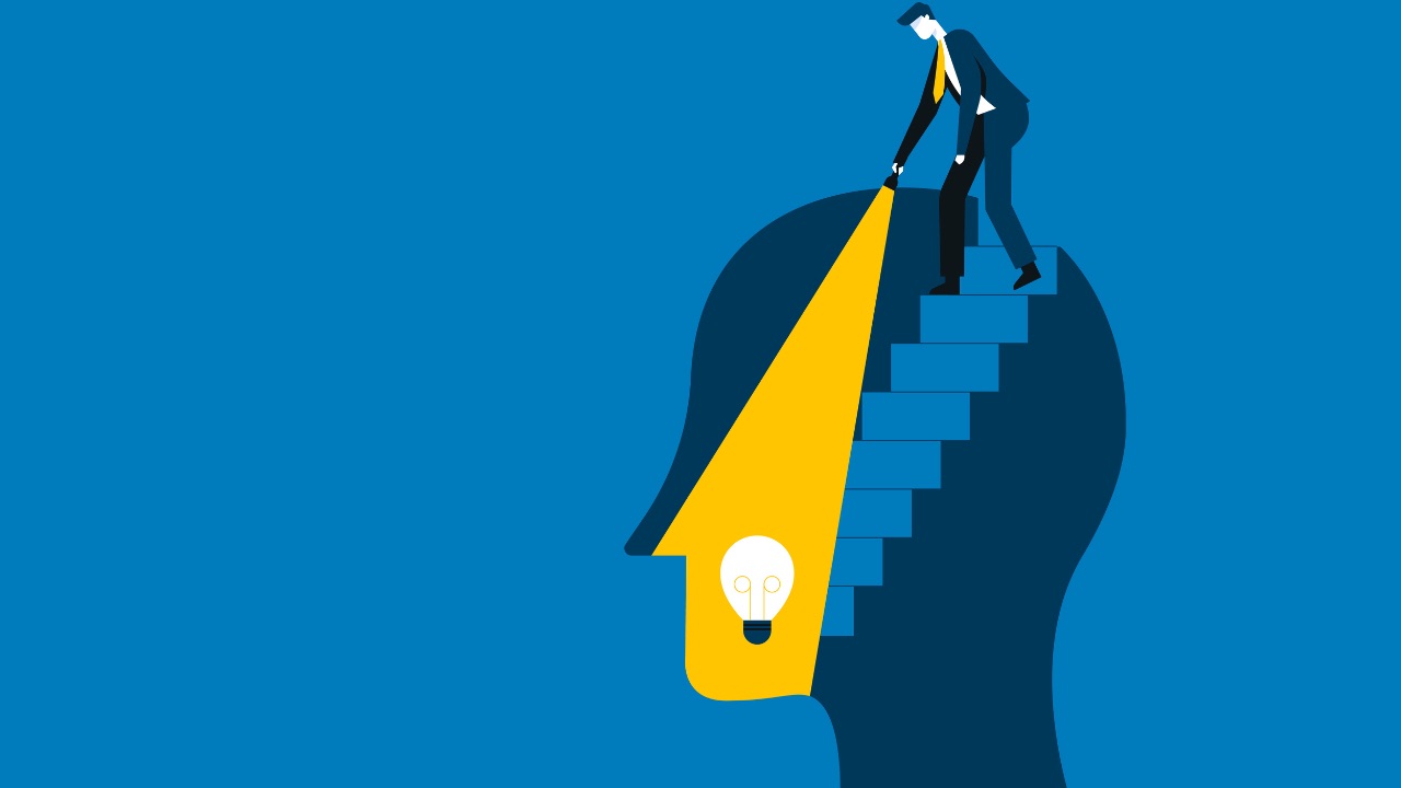 Illustration of a person shining a light inside a human head, symbolising self-awareness, mindset patterns, and uncovering inherited beliefs that influence leadership.