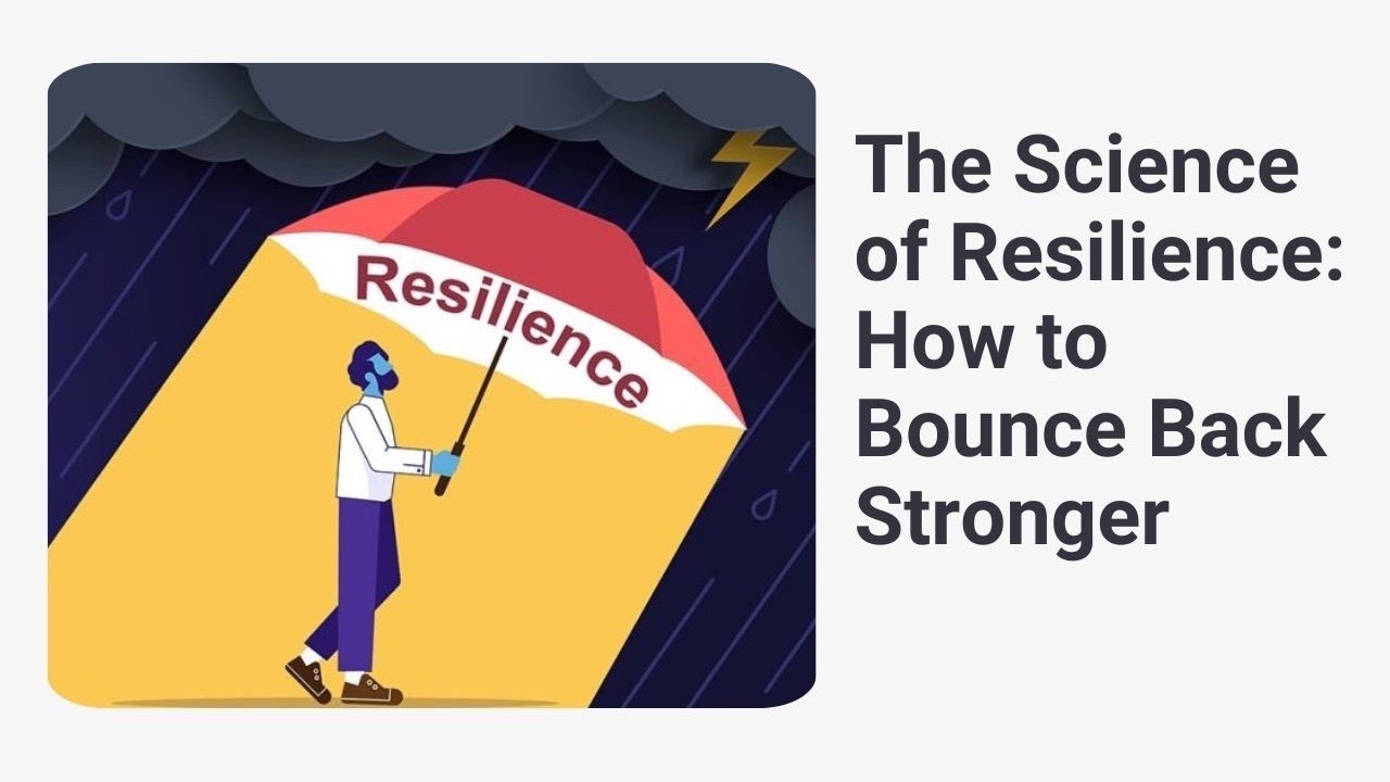 Person holding a red umbrella labeled 'Resilience' shielding them from rain and lightning, symbolising resilience in overcoming challenges.