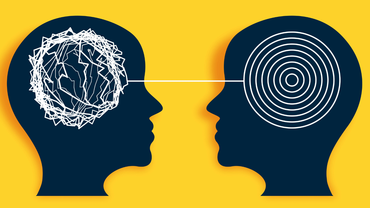 Illustration of two human profiles facing each other, one with a chaotic brain pattern and the other with concentric circles, symbolising emotional intelligence and clarity in communication.