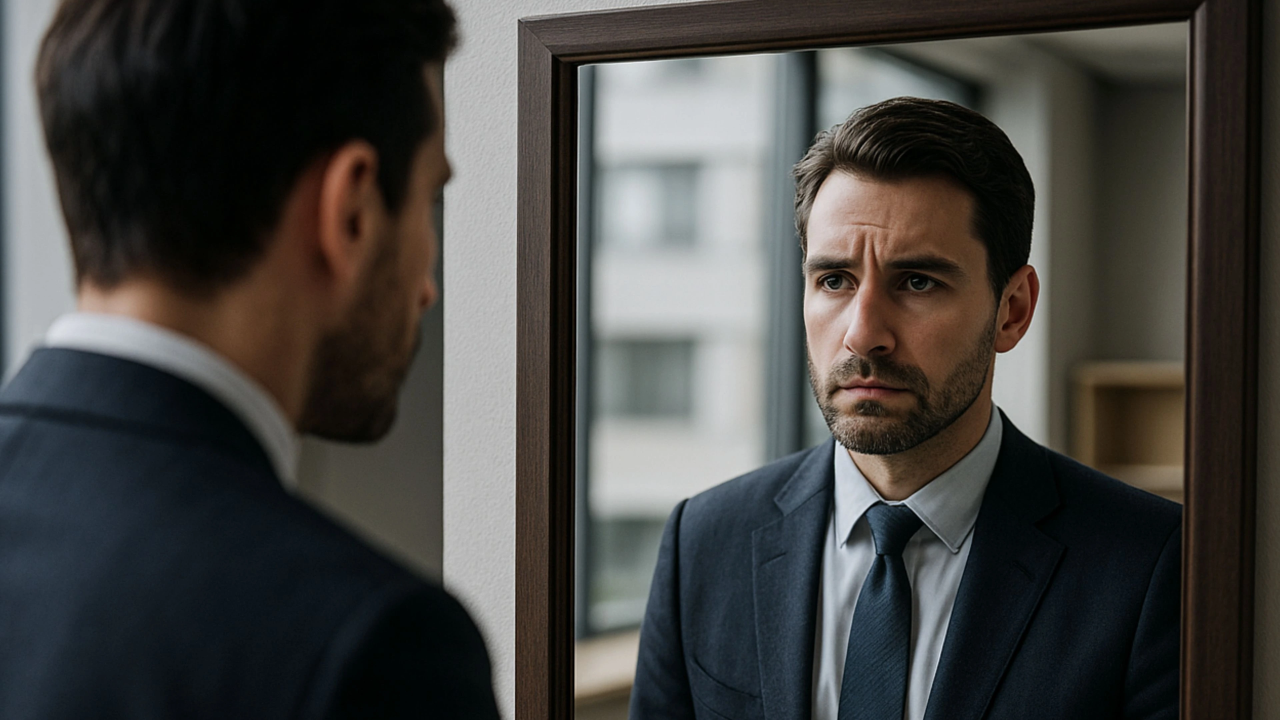 Leader looking into a mirror, reflecting on their role in team performance