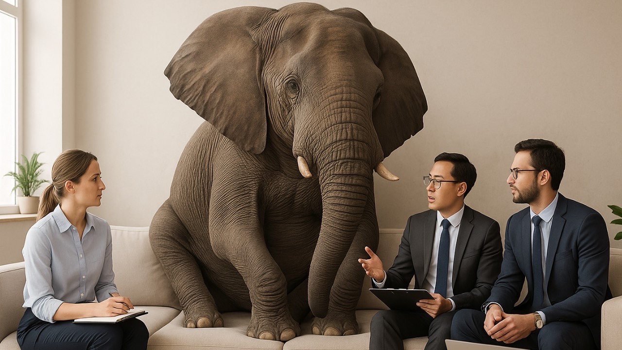 An elephant sitting on a beige sofa between three business professionals in a modern office setting, symbolising the concept of 'the elephant in the room' during a leadership discussion.
