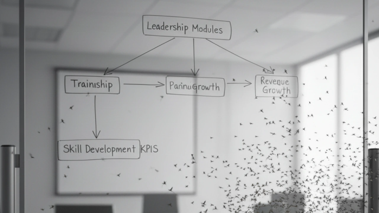 This directly visualises the post's central tension: everyone is focused on the big, visible plan (the whiteboard/manuals), while the small, emotional friction (the swarm) is what causes the plan to fail.
