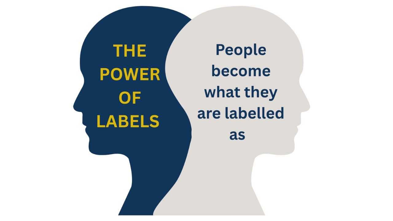 Graphic of two overlapping orange human head silhouettes on a purple background, with the phrases 'THE POWER OF LABELS' and 'People become what they are labeled as' written inside the heads, symbolising how identity is shaped by language