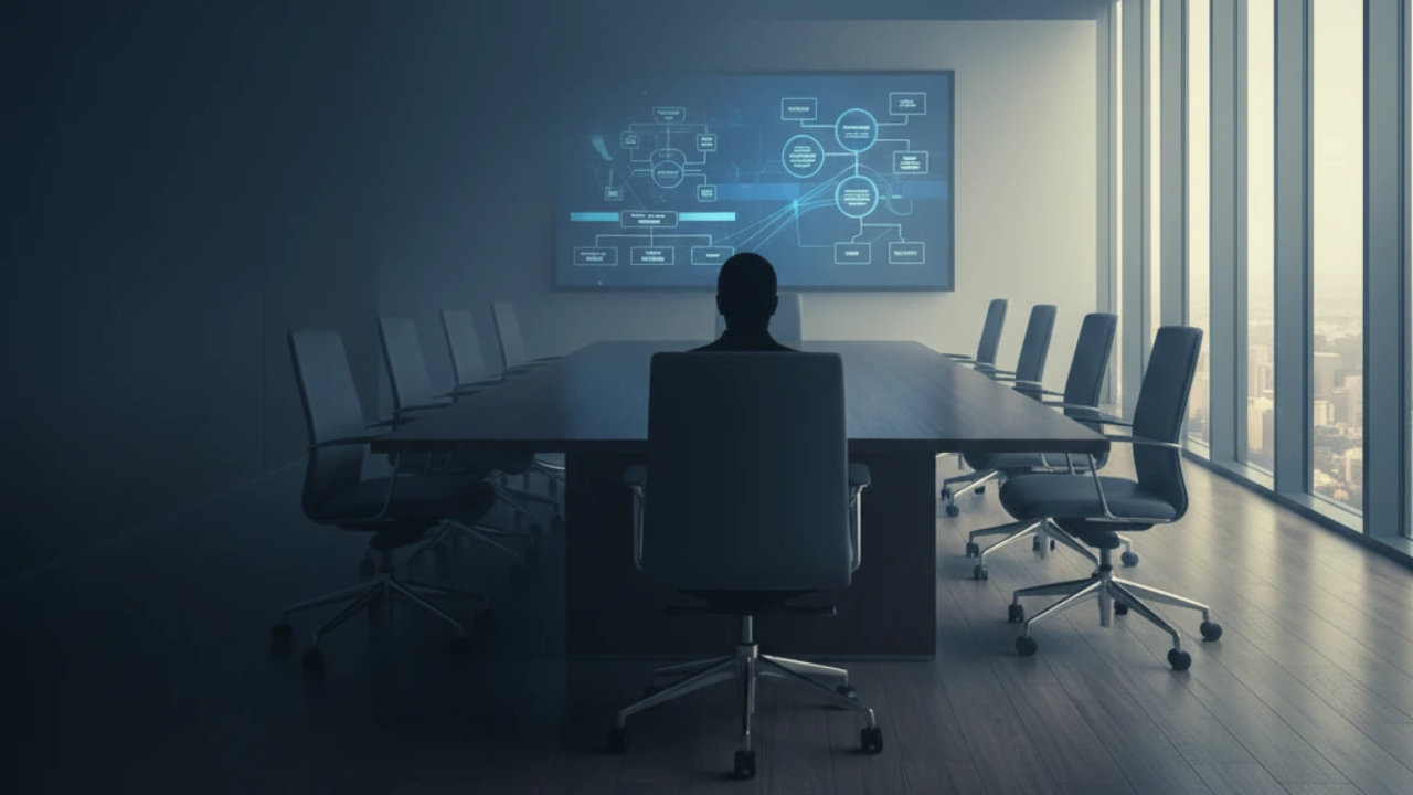 A dark image of an empty corporate boardroom with a strategic diagram on the screen, emphasising a hidden shadow or fear in the organisation.