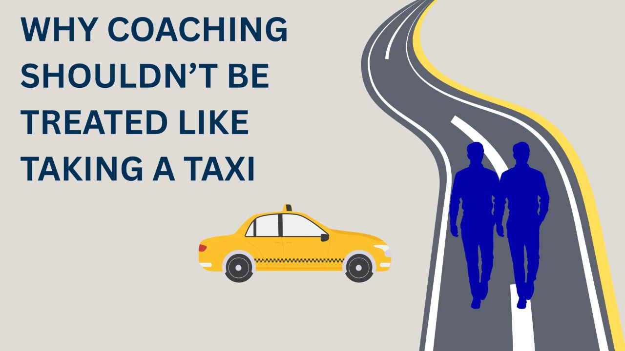 Illustration comparing coaching to a taxi ride versus a long-term partnership, with a taxi on one side and two figures walking together on a winding path, symbolising ongoing leadership coaching.
