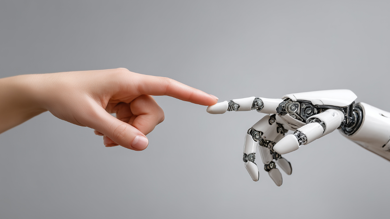 human hand reaches for a robotic hand to form a collaborative and posititve connection