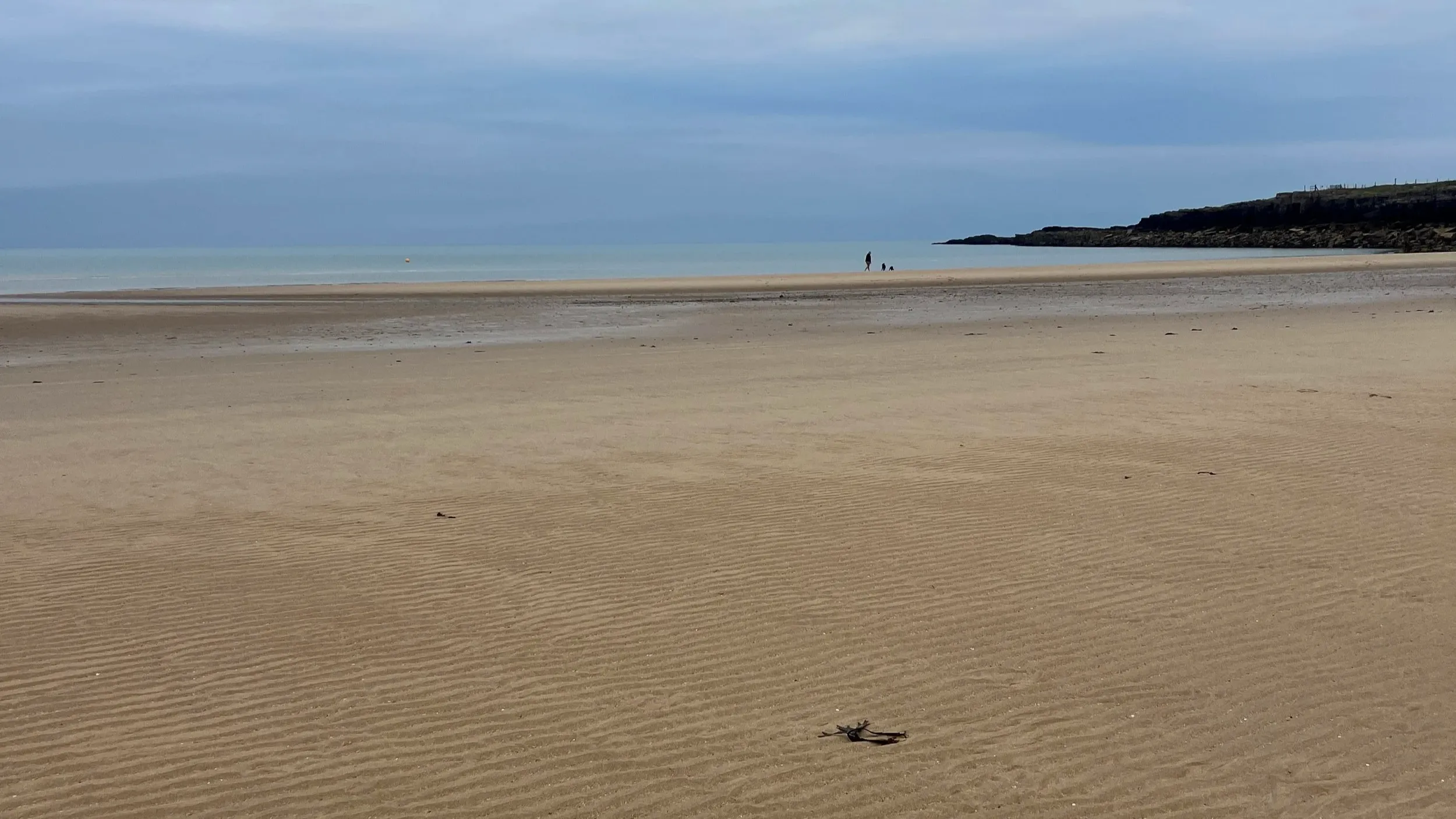 golden sand beach with blue cloudy skies and a headland in the distance.