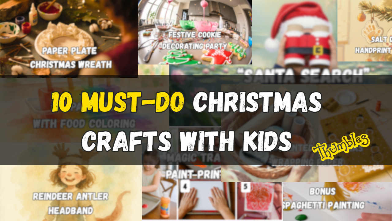 Collage of Christmas crafts for kids including cookie decorating, painted wrapping paper, handmade ornaments, paper wreaths, and festive sensory activities, overlaid with the title ‘10 Must-Do Christmas Crafts with Kids’ in bold holiday lettering.