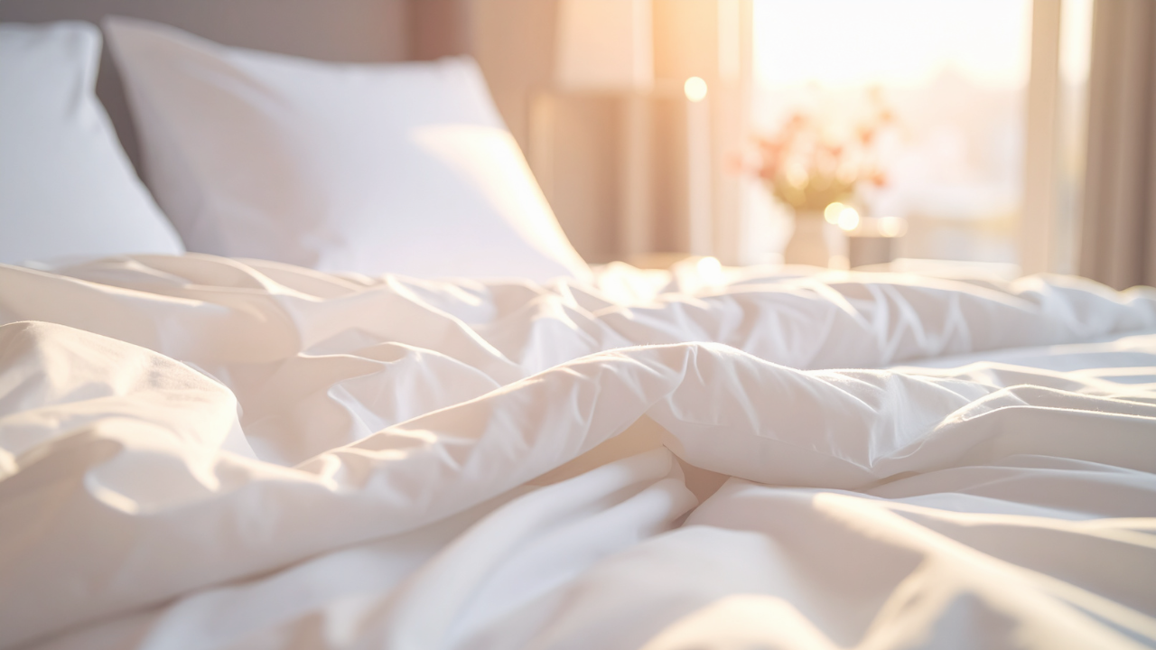 Soft morning light across unmade white bed linens