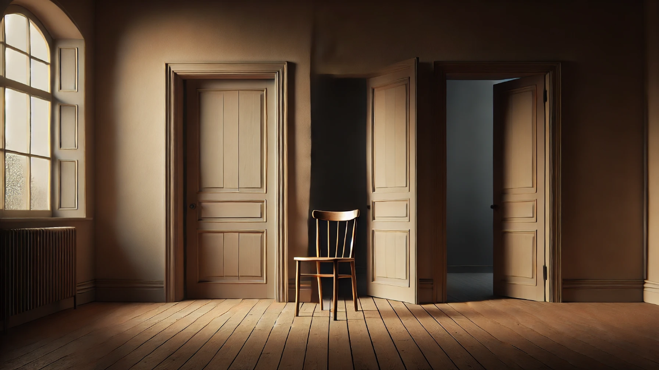 Empty wooden chair in a dimly lit room with open doorways and warm natural light | The Soft Era