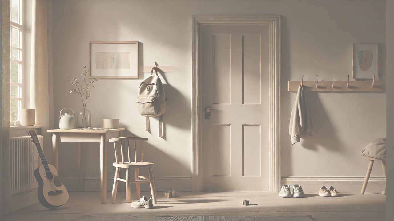 Quiet entryway with child's backpack, small chair, and shoes by the door