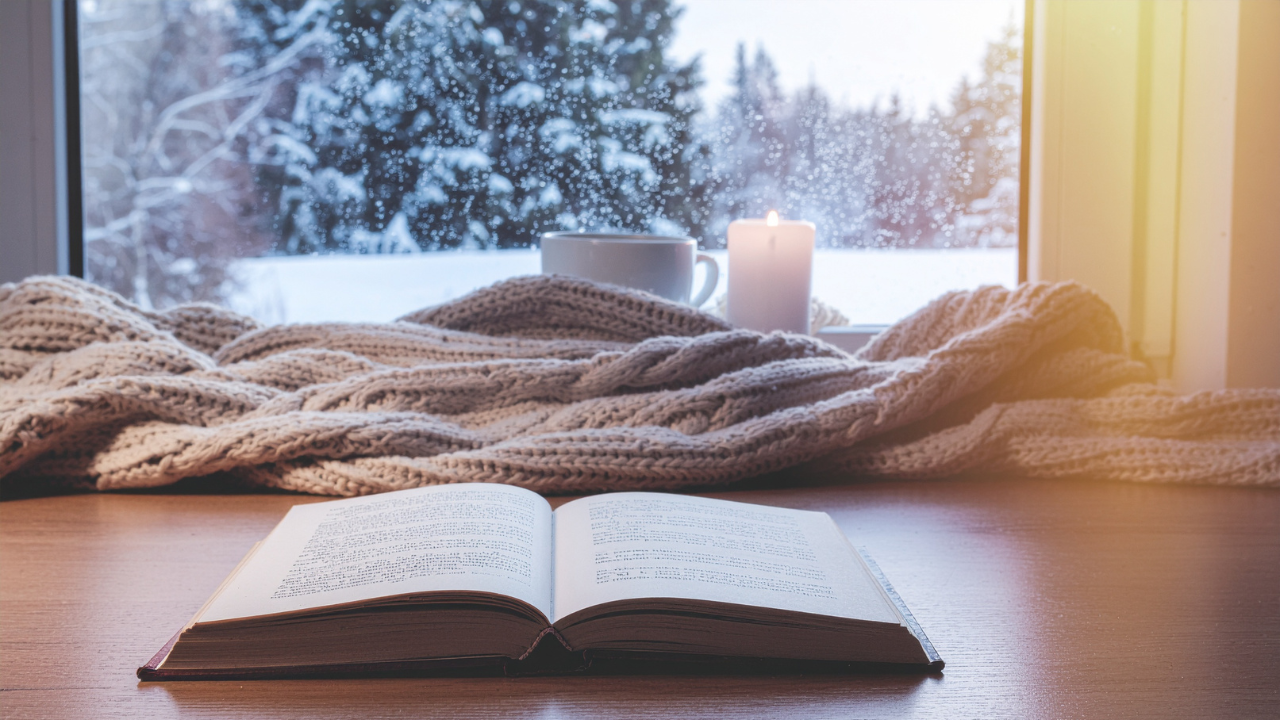 Open book on wooden table with knit blanket, candle, and coffee mug by a snowy winter window