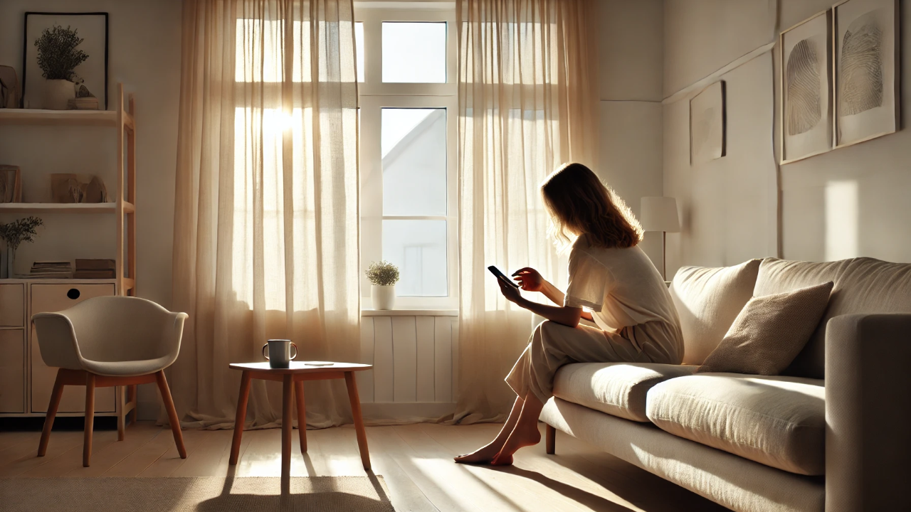 Woman seated on a sofa replying to a message on her phone in a sunlit room | The Soft Era