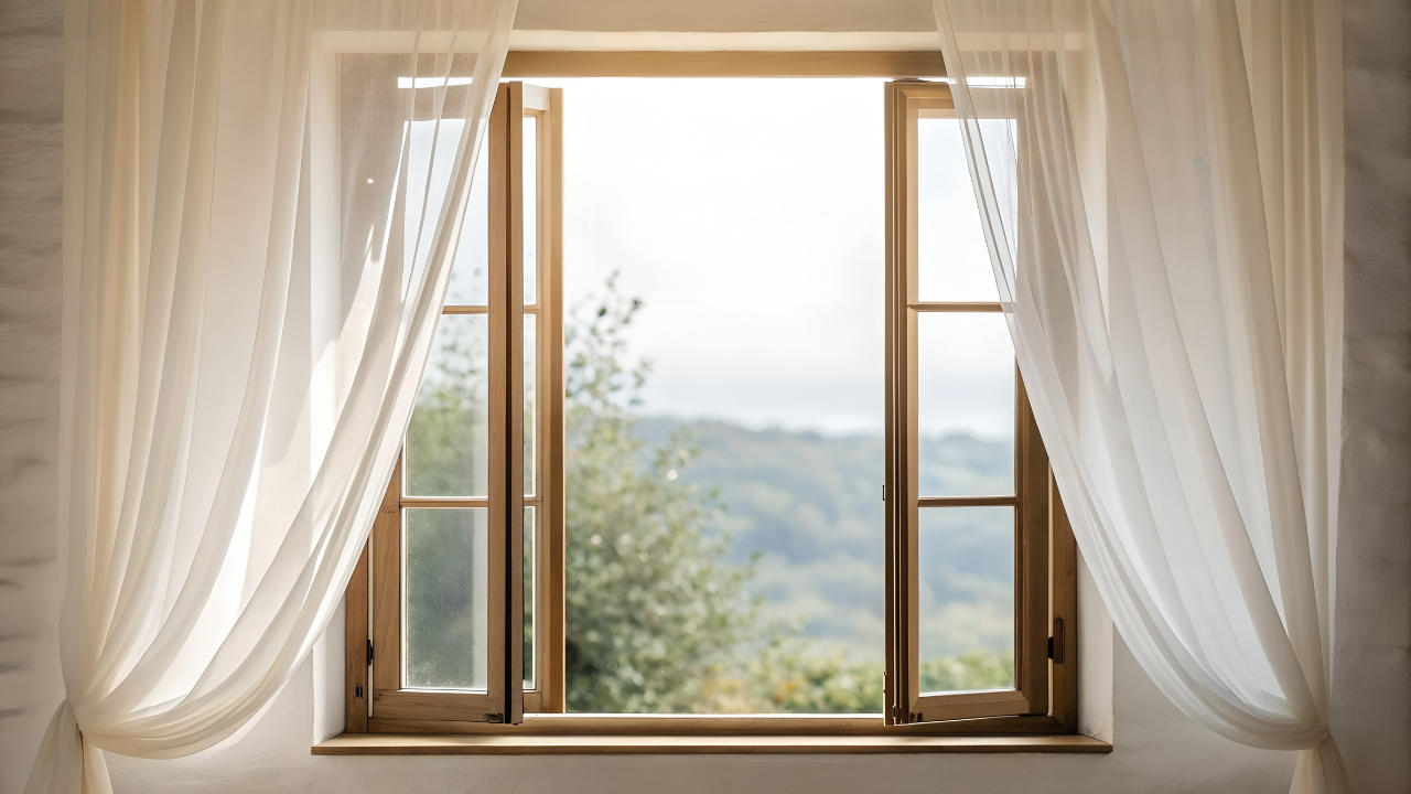 Open window with sheer curtains blowing in the breeze overlooking a soft green landscape