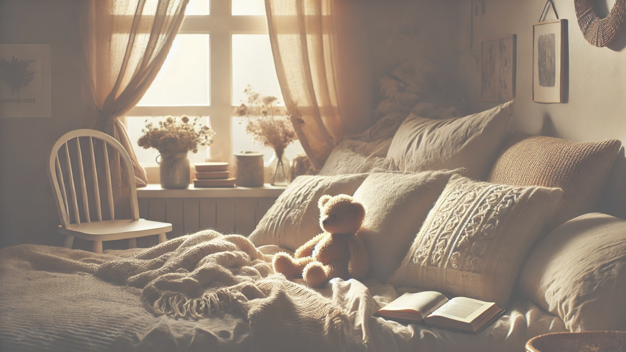 Soft morning light in a child's room with rocking chair, teddy bear, and open book