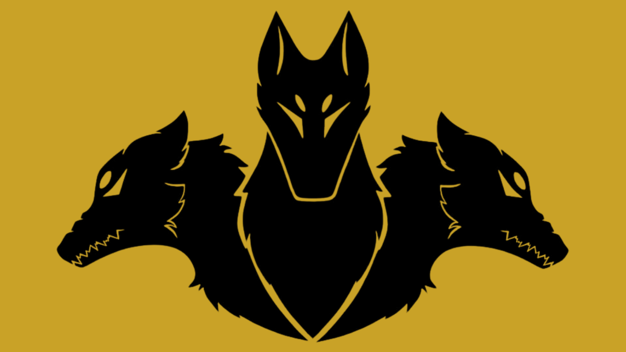 Black silhouette of a three-headed wolf (Cerberus) centered on a gold background.