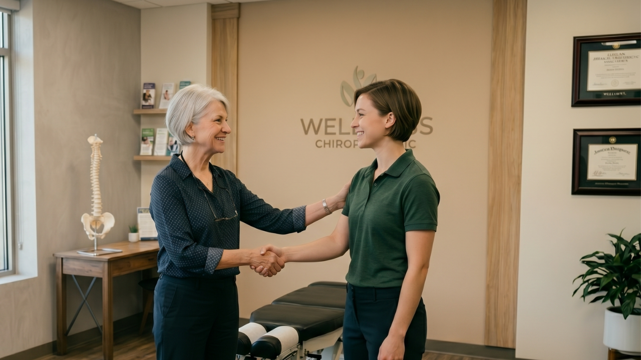 Chiropractor shaking hands with her associate chiropractor