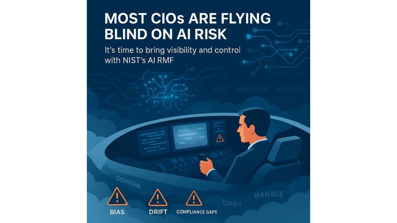 Graphic showing a CIO in a cockpit surrounded by clouds, symbolizing limited visibility into AI risk. Warning signs for bias, drift, and compliance gaps emphasize the need for governance with NIST’s AI RMF