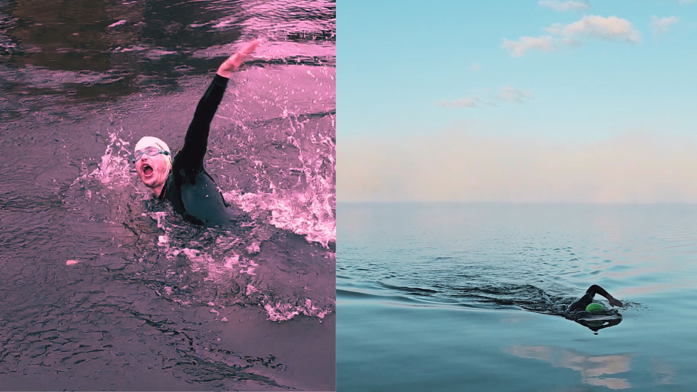 Kaksi uimaria vedessä: toinen kamppailee ja näyttää jännittyneeltä, toinen ui rennosti ja tasapainoisesti vapaauintia