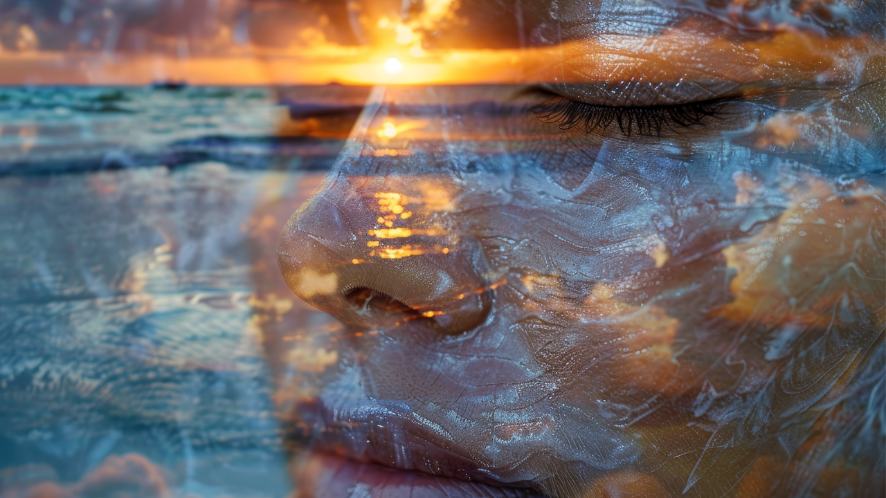 a women relaxing at the beach face with the reflection of the ocean