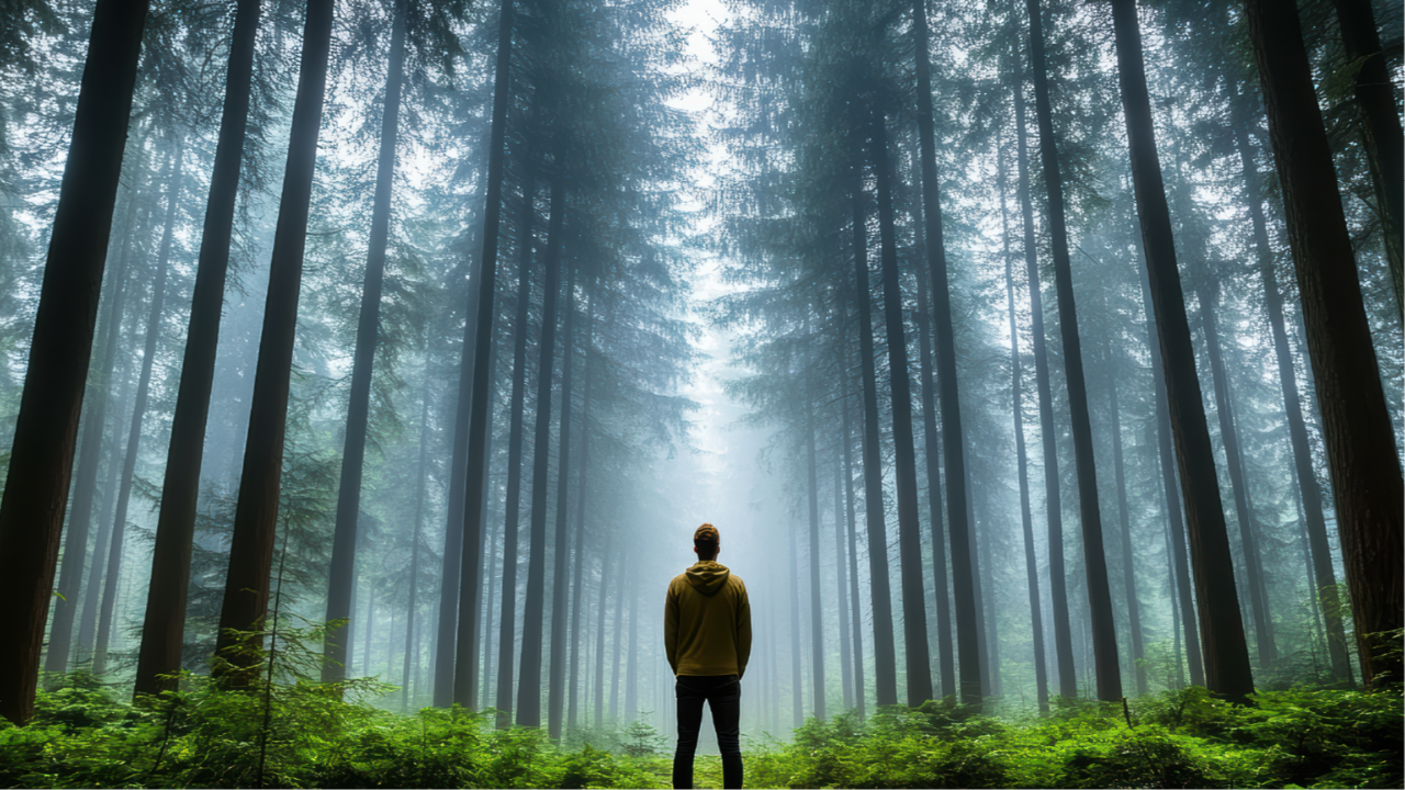 Man in misty forest