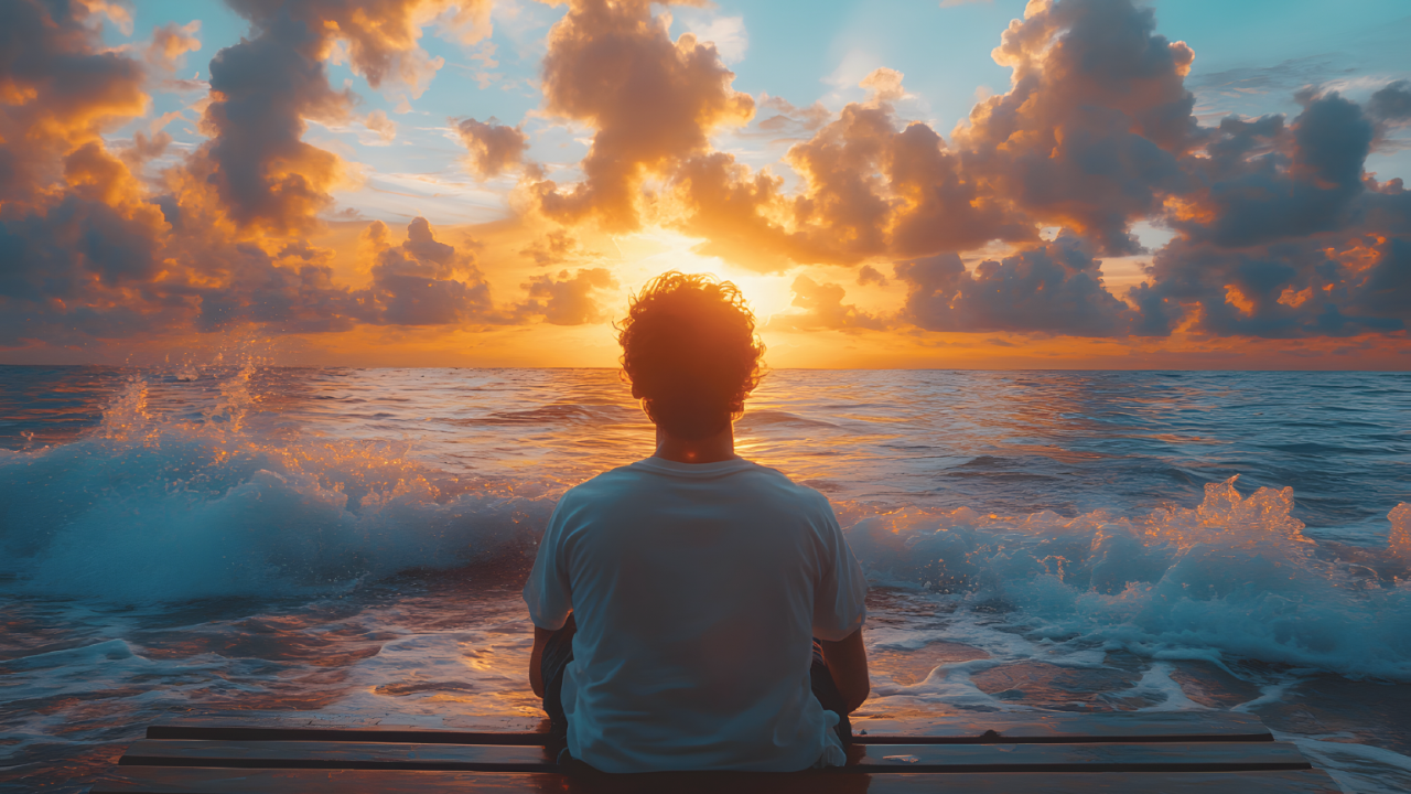 man watching a sunset reflection on the ocean